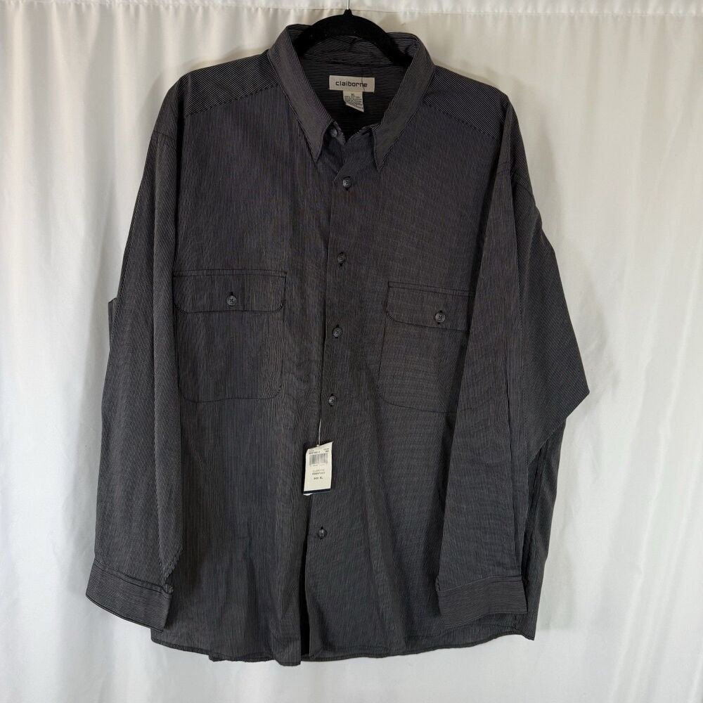 New Claiborne Dress Shirt Men XL Black Striped Button Up Long Sleeve 100% Cotton